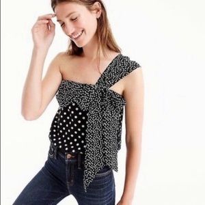 NWT J. Crew Silk Polka Dot One Shoulder Top Black